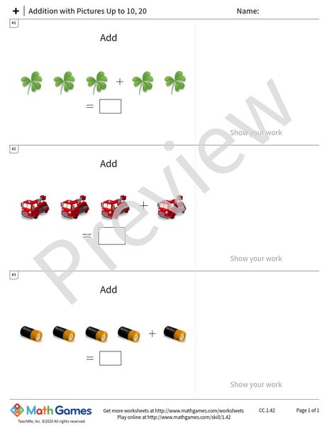 Sample full worksheet preview for Addition with Pictures Up to 10, 20