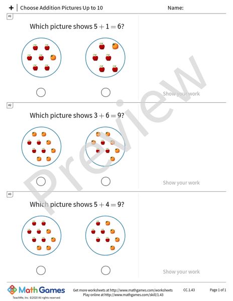 Sample full worksheet preview for Choose Addition Pictures Up to 10