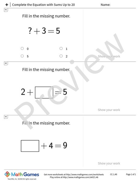 Sample full worksheet preview for Complete the Equation with Sums Up to 20