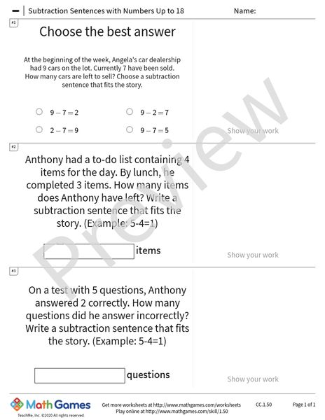 Sample full worksheet preview for Subtraction Sentences with Numbers Up to 18