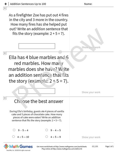 Sample full worksheet preview for Addition Sentences Up to 100