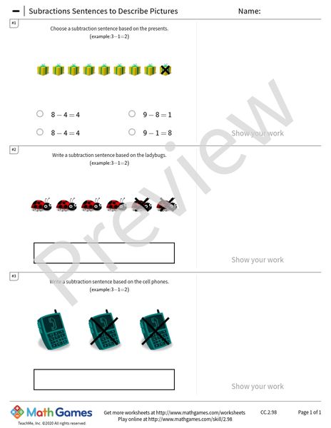 Sample full worksheet preview for Subractions Sentences to Describe Pictures