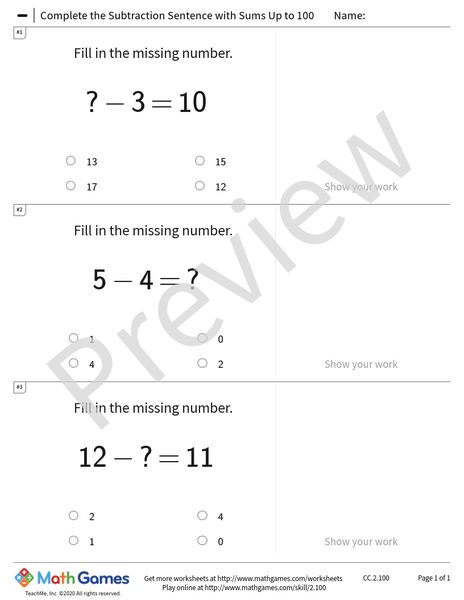 Sample full worksheet preview for Complete the Subtraction Sentence with Sums Up to 100