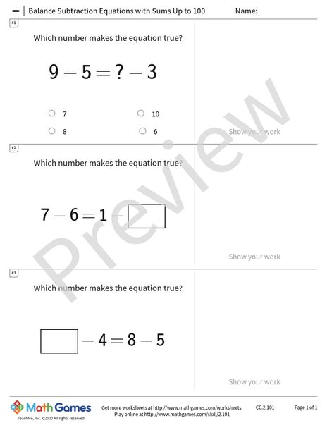 Sample full worksheet preview for Balance Subtraction Equations with Sums Up to 100