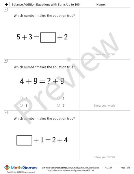 Sample full worksheet preview for Balance Addition Equations with Sums Up to 100