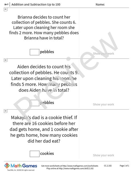 Sample full worksheet preview for Addition and Subtraction Up to 100