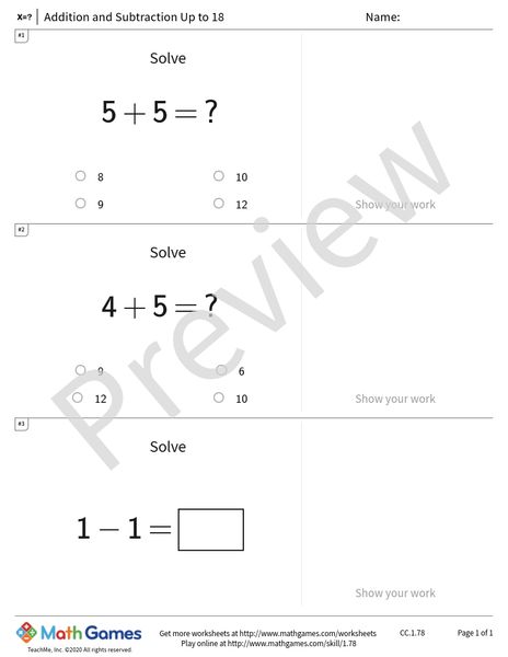 Sample full worksheet preview for Addition and Subtraction Up to 18