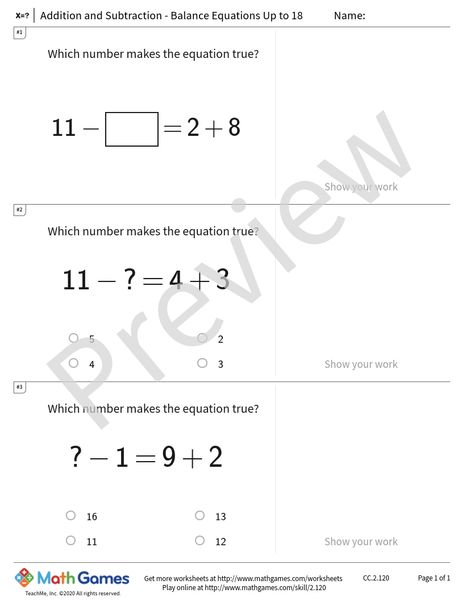 Sample full worksheet preview for Addition and Subtraction - Balance Equations Up to 18