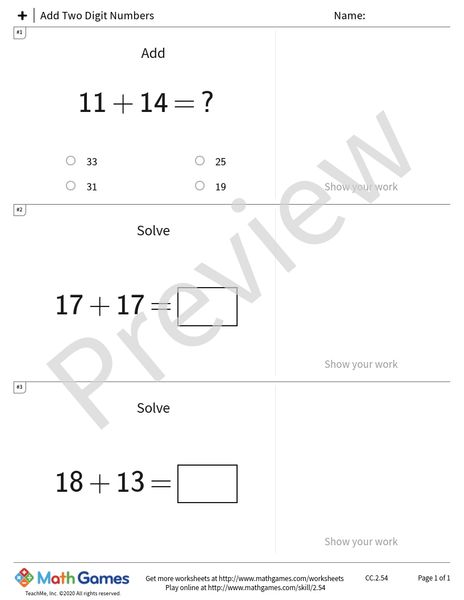 Sample full worksheet preview for Add Two Digit Numbers