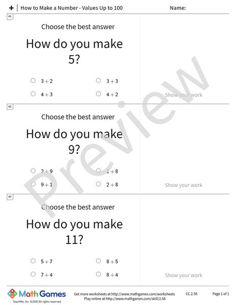 Sample full worksheet preview for How to Make a Number - Values Up to 100