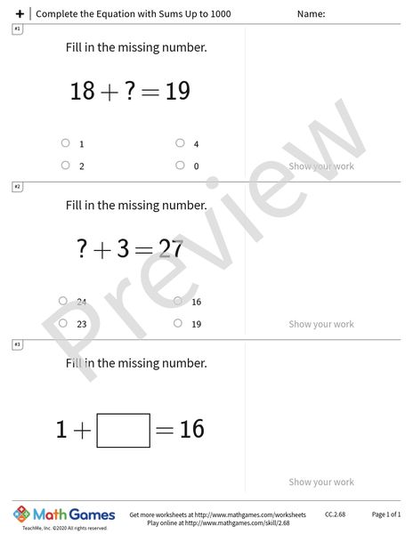 Sample full worksheet preview for Complete the Equation with Sums Up to 1000