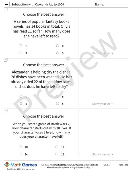 Sample full worksheet preview for Subtraction with Operands Up to 1000