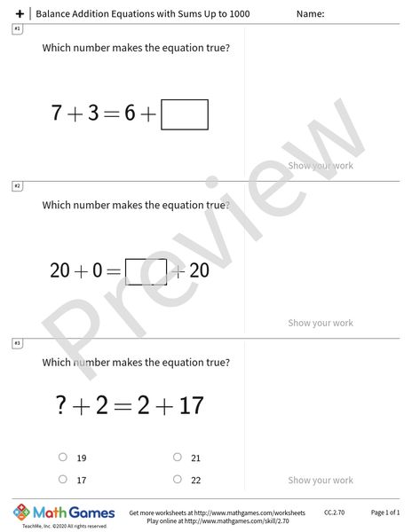 Sample full worksheet preview for Balance Addition Equations with Sums Up to 1000
