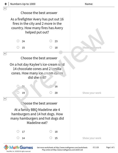 Sample full worksheet preview for Numbers Up to 1000