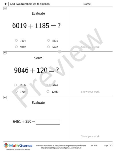 Sample full worksheet preview for Add Two Numbers Up to 5000000