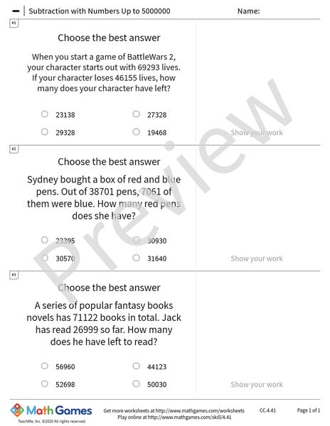 Sample full worksheet preview for Subtraction with Numbers Up to 5000000