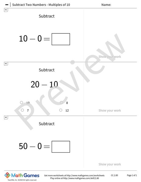 Sample full worksheet preview for Subtract Two Numbers - Multiples of 10