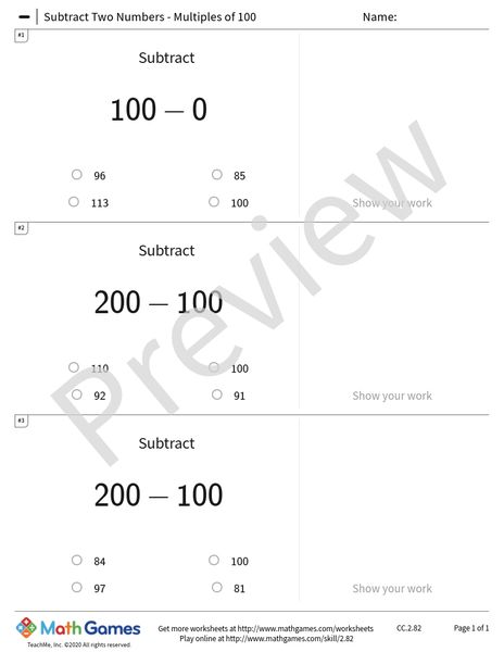 Sample full worksheet preview for Subtract Two Numbers - Multiples of 100