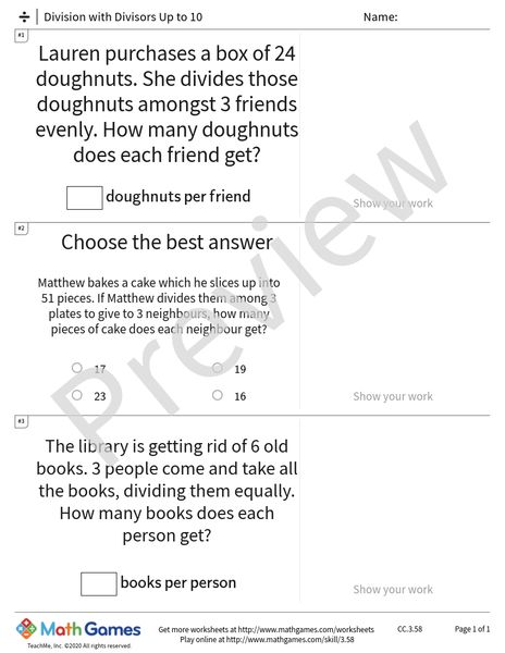 Sample full worksheet preview for Division with Divisors Up to 10
