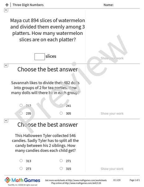 Sample full worksheet preview for Three Digit Numbers