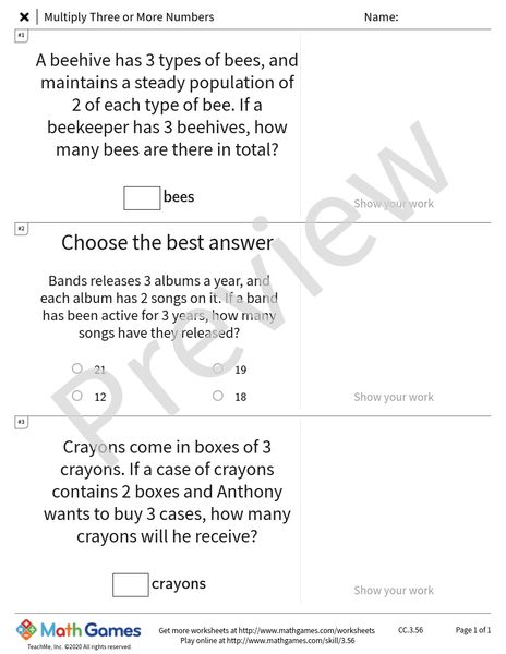 Sample full worksheet preview for Multiply Three or More Numbers