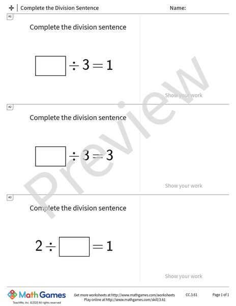 Sample full worksheet preview for Complete the Division Sentence