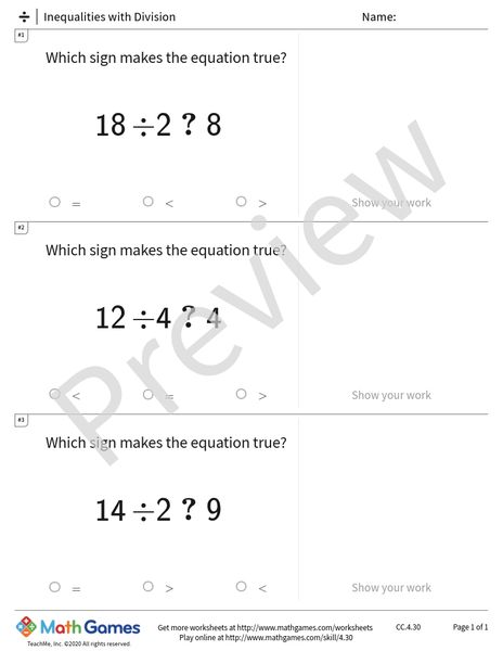 Sample full worksheet preview for Inequalities with Division
