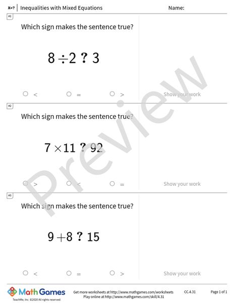 Sample full worksheet preview for Inequalities with Mixed Equations