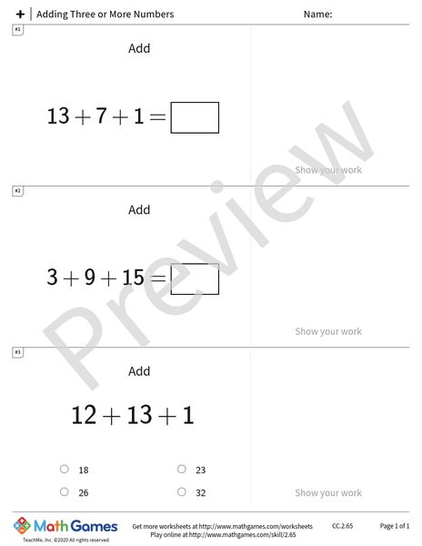 Sample full worksheet preview for Adding Three or More Numbers