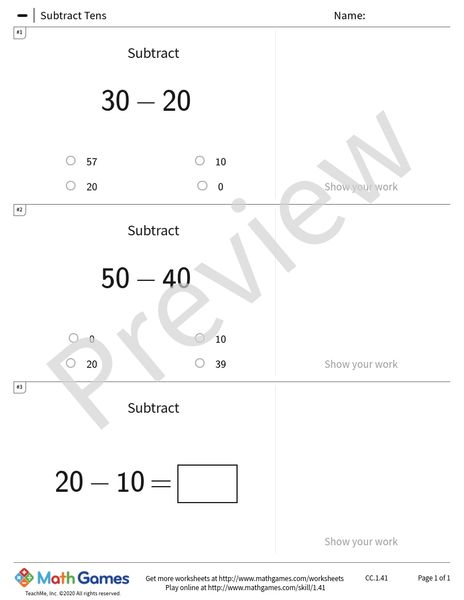 Sample full worksheet preview for Subtract Tens