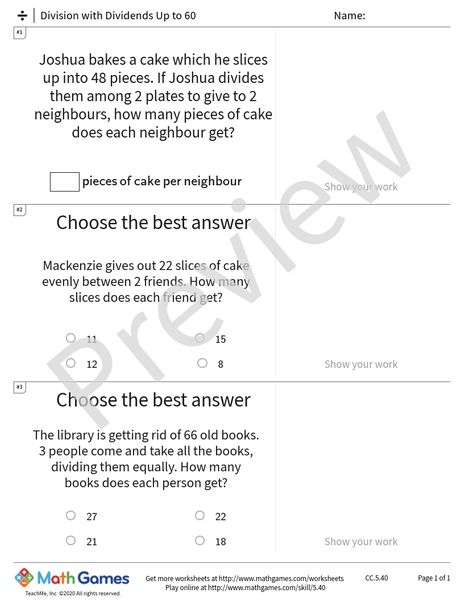 Sample full worksheet preview for Division with Dividends Up to 60