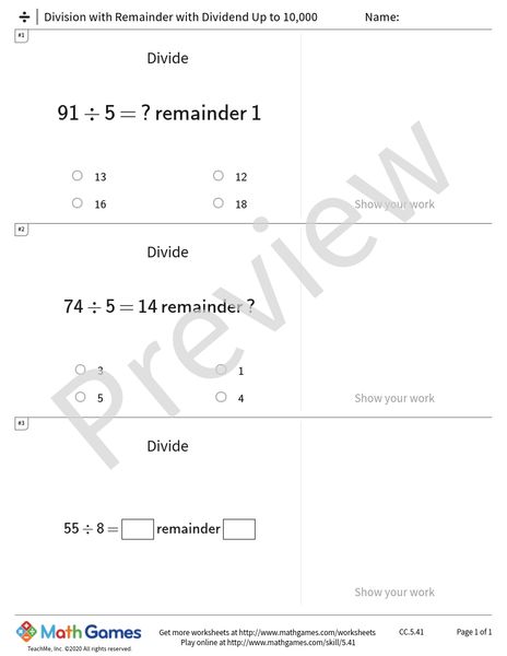Sample full worksheet preview for Division with Remainder with Dividend Up to 10,000