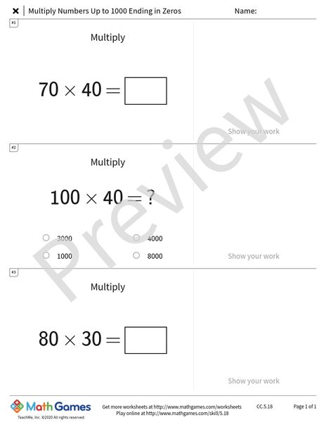 Sample full worksheet preview for Multiply Numbers Up to 1000 Ending in Zeros