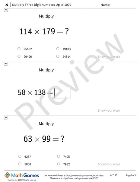 Sample full worksheet preview for Multiply Three Digit Numbers Up to 1000