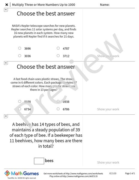 Sample full worksheet preview for Multiply Three or More Numbers Up to 1000