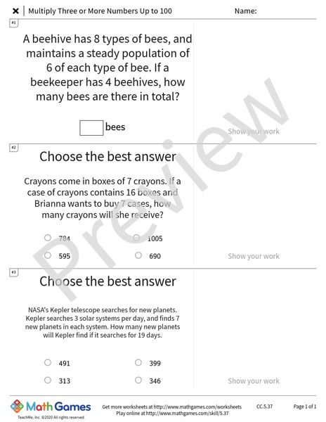 Sample full worksheet preview for Multiply Three or More Numbers Up to 100