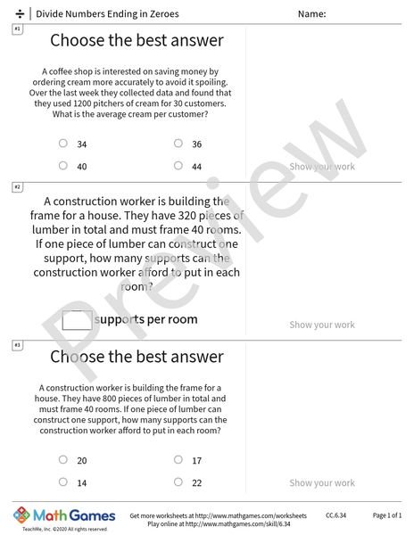 Sample full worksheet preview for Divide Numbers Ending in Zeroes