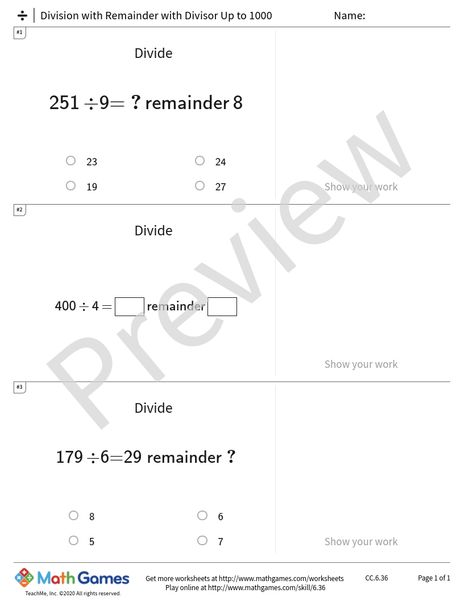 Sample full worksheet preview for Division with Remainder with Divisor Up to 1000