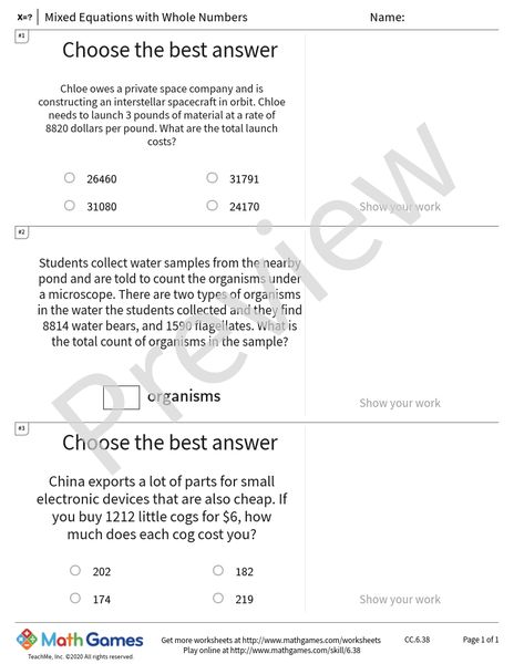 Sample full worksheet preview for Mixed Equations with Whole Numbers