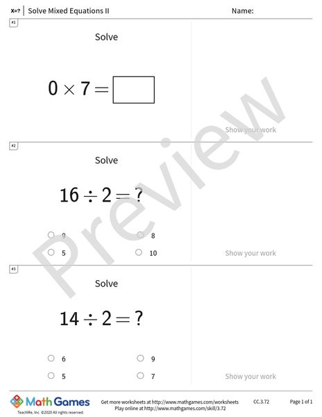 Sample full worksheet preview for Solve Mixed Equations II