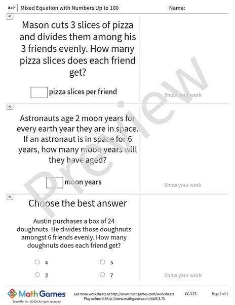 Sample full worksheet preview for Mixed Equation with Numbers Up to 100