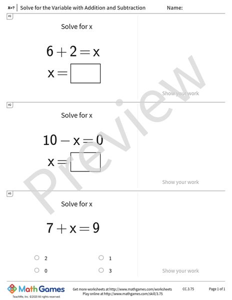 Sample full worksheet preview for Solve for the Variable with Addition and Subtraction