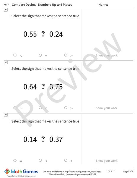 Sample full worksheet preview for Compare Decimal Numbers Up to 4 Places