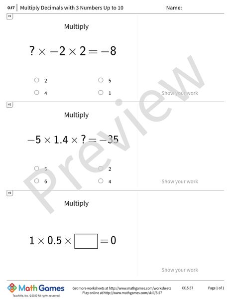 Sample full worksheet preview for Multiply Decimals with 3 Numbers Up to 10
