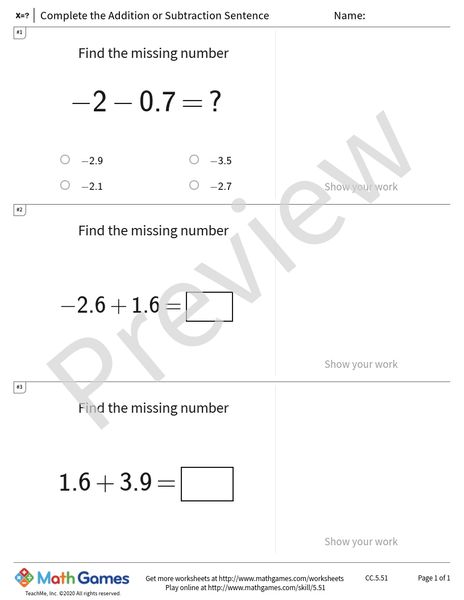 Sample full worksheet preview for Complete the Addition or Subtraction Sentence