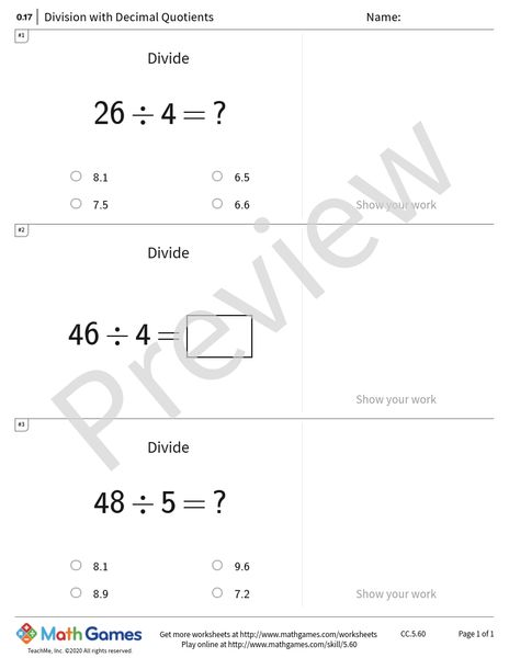 Sample full worksheet preview for Division with Decimal Quotients