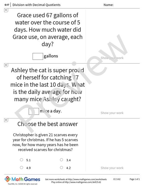 Sample full worksheet preview for Division with Decimal Quotients