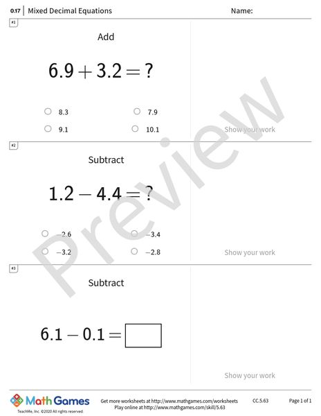 Sample full worksheet preview for Mixed Decimal Equations