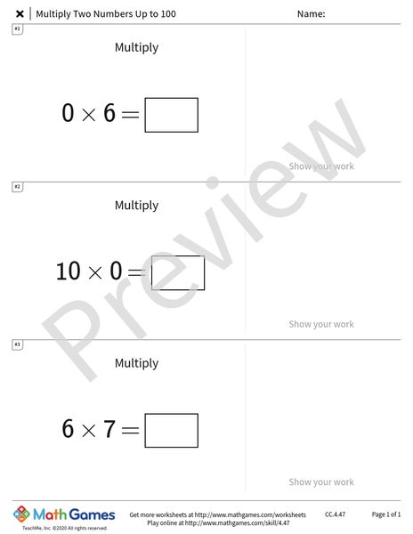 Sample full worksheet preview for Multiply Two Numbers Up to 100