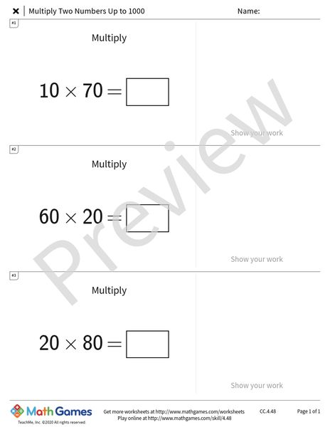 Sample full worksheet preview for Multiply Two Numbers Up to 1000